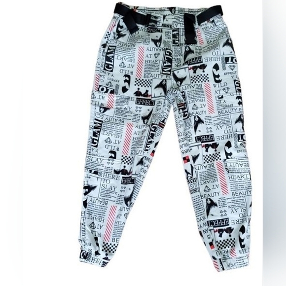 V.I.P. Joggers Canvas Pants Bold Graphic Print Belt Pockets Elastic Waist - Picture 1 of 14